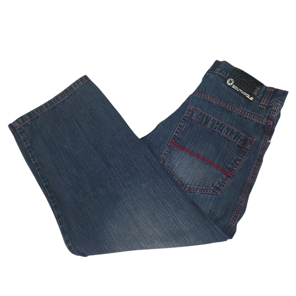 Vintage Southpole Jeans Mens 36‎ (34x27) Blue Baggy Wide Leg Red Stitch Y2K Vtg
